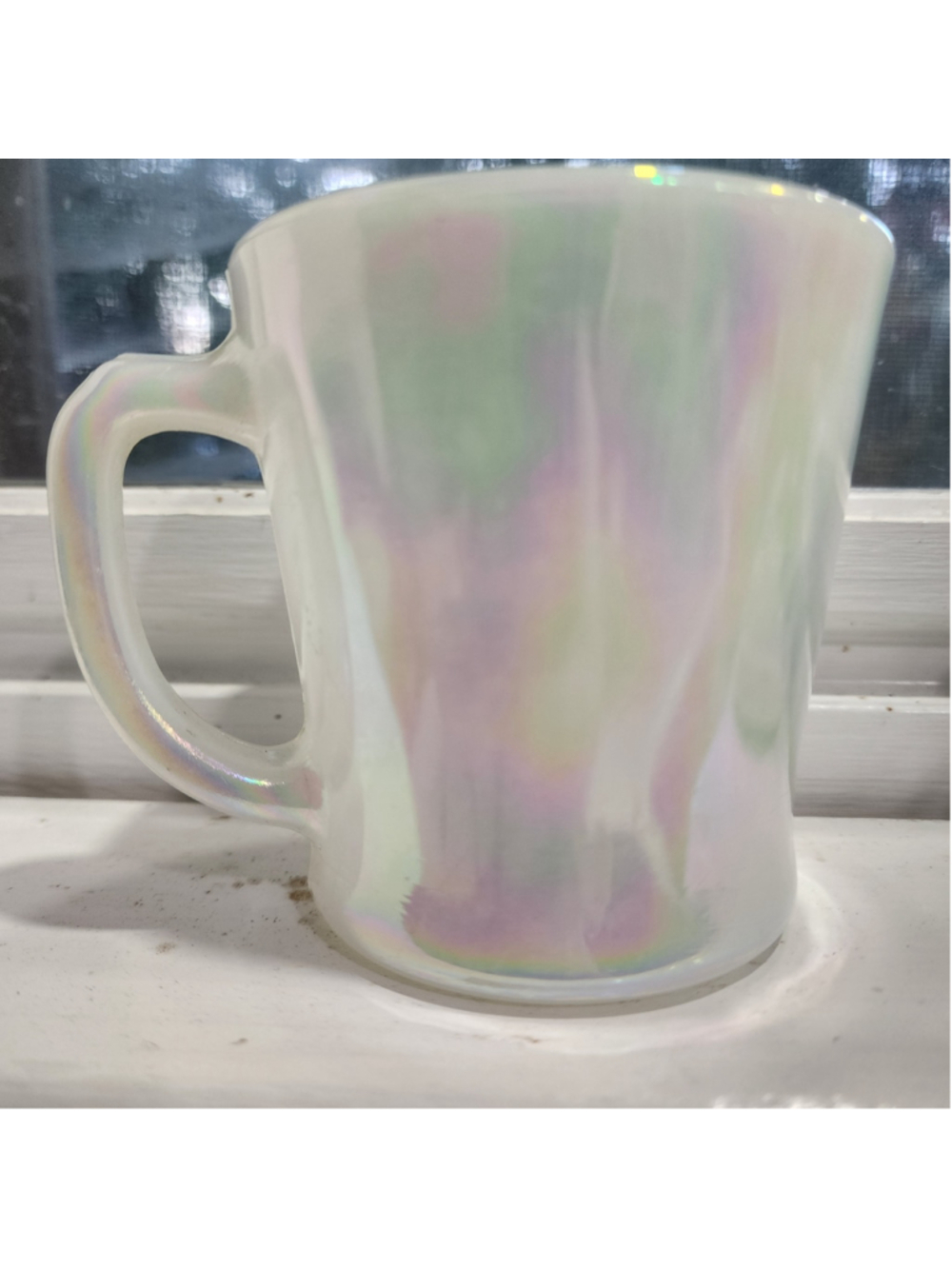 Fire-King Aurora Borealis Pearl Lustre D Handle Mug White Iridescent Anchor Hock